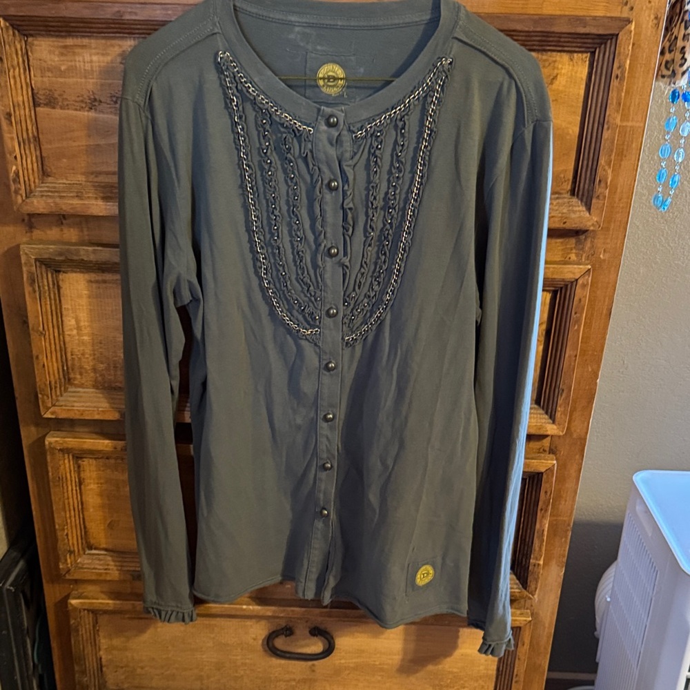 Double D Ranch Olive Button-Down Shirt with Chain Detail